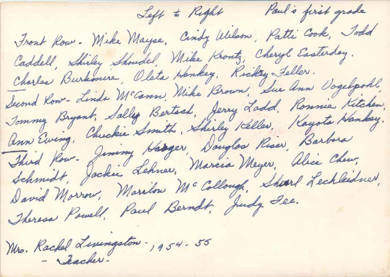 Mrs. Livingstons 1st Grade Names, 1954/55