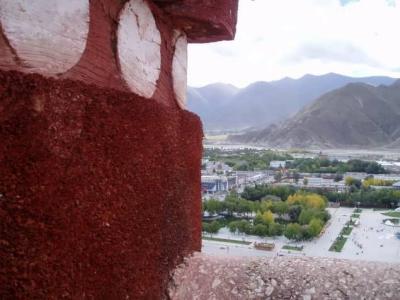 Detail of the red walls of the Potala. It is not made from bricks or wood, but compressed twigs of a special plant.