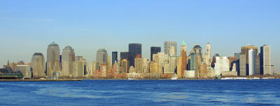Lower Manhattan from the park near Ellis Island This is a crop, not a stitched panorama.