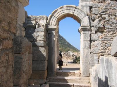 Past little theater to courtyard in Rhodian Peristyle (temenos)