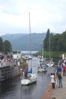 Caledonian Canal - boats leaving the last lock before the Loch