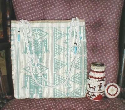 I call it an Annie Whim bag, Nez Perce style w/ Wasco patterns. Tlingit style twined bottle.