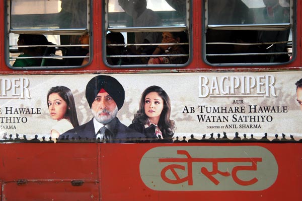 Bollywood film sponsored by Bagpiper Whiskey advertised on a Mumbai bus