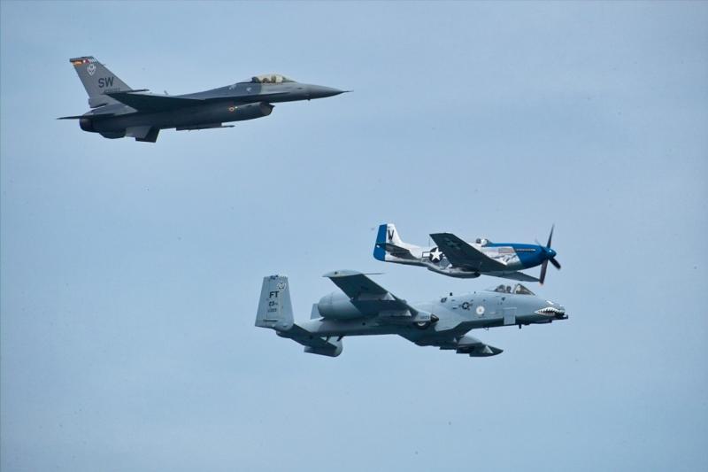 A-10, F16, and P-51D Mustang