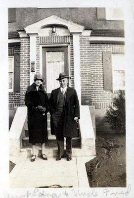 Gramps and Grandma on steps of house, ca. 1949, (391k)