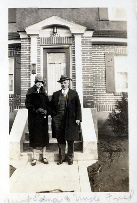 Gramps and Grandma on steps of  house,  ca. 1949, (391k)