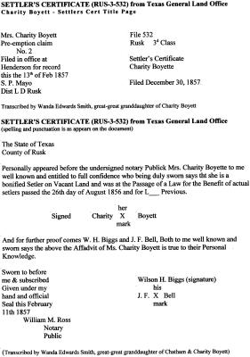 Charity Boyett - Settlers Cert 1857 - Transcript