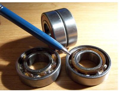 Front wheel bearings.  Note they are two bearings stuck together by a plastic ring
