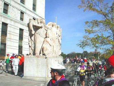 Statues guard the Bronx County Courthouse...and the check-in tables