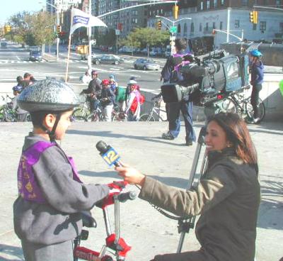 Cablevisions' News 12 New York sent a one woman crew.  At the end of the interview, the young man was directed to ride away from the camera.  He did so, and was never seen again...The reporter laughed.