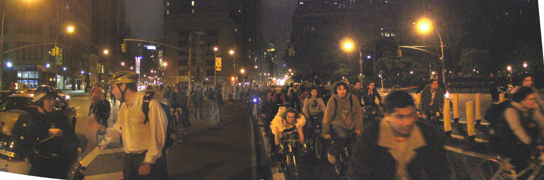 October 2004 Critical Mass traveling south on 5th Avenue at Madison Square.