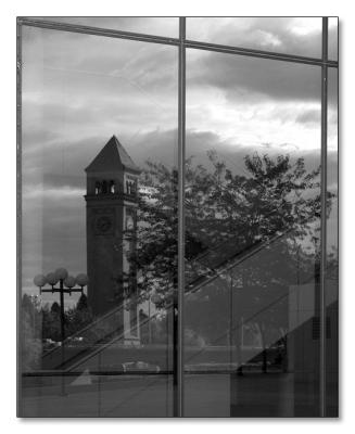 Clock Tower Reflected in the Spokane Opera House