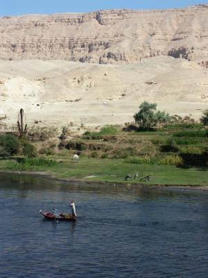 On a boat on the Nile by the desert