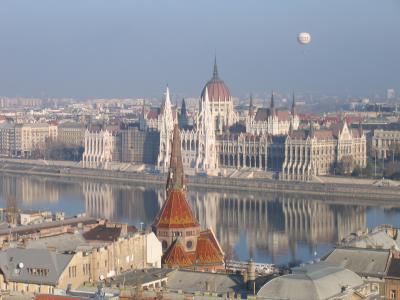 Parliament building and river Danube in winter