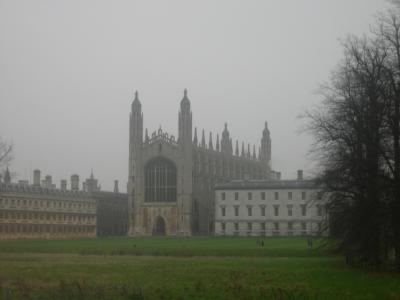 King's College Chapel, viewed across the Backs on a misty day.