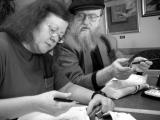 Anna shares her hobby with many other collectors. Here she is at a pen club meeting in Seattle, WA. With her is another collector, Mark, who shares her enthusiasm for pens.