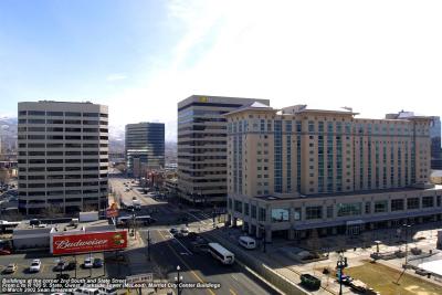 Buildings around State Street and 200 South from a parking structure