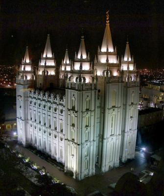 Salt Lake LDS Temple at Night from the J. Smith Memorial Bldg.