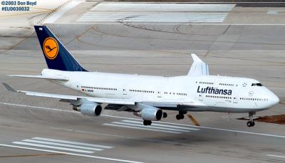 Lufthansa B747-430 D-ABVM about to touch down on runway 12 at Miami International Airport aviation stock photo