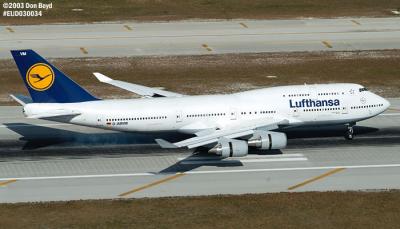 Lufthansa B747-430 D-ABVM landing at Miami International Airport aviation stock photo