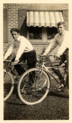 With friend on bikes, 1929 (607)