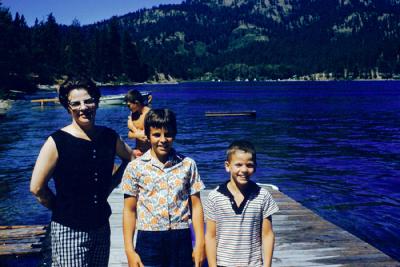 Mom, Mary and Mike on dock, 1960 (641)