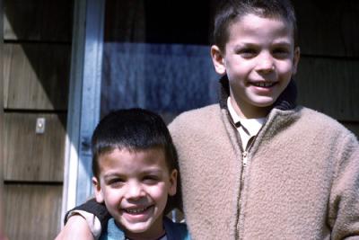 Mike and Dan on front porch, 1960 (647)