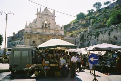 A small part of the Melilli Markets with the beautiful San Sebastian Church in the background.