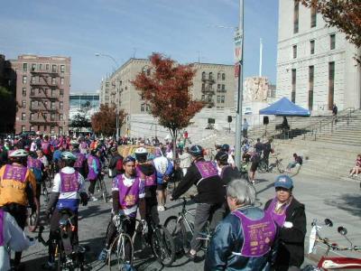 Riders join the formation on the steps of the Bronx County Courthouse at 161st Street just west of the Grand Concourse.