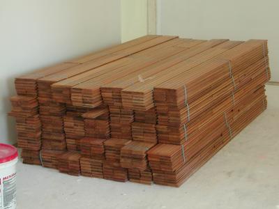 The Brazilian Cherry hardwood flooring awaits installation  4/15/2002