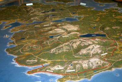 The three-dimensional relief map of Mt. Desert Island, Acadia National Park at the Visitor and Information Center near the park entrance in Hull's Cove, Maine.