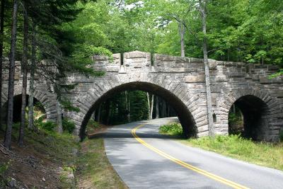 Carriage Road bridge over a portion of the Park Loop Road just north of Seal Harbor in Acadia National Park, Maine.