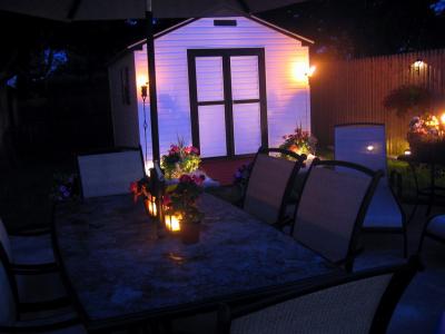 Shed and table at night