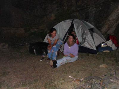Sara, Sammy's mom and Sammy somewhere in the tent