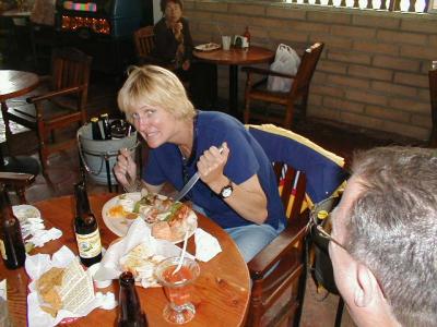 Audrey is ready to dig in to her BBQ fish and shrimp skewers!