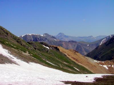 Above, Snowfield, Uncompahgre Looming in the Distance, Near Center of Skyline