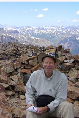 Sunshine Peak (14,001') Summit, GPS Logged in at 14,018' @ 13-JUL-05 11:15:16AM,  Jim Signing Register