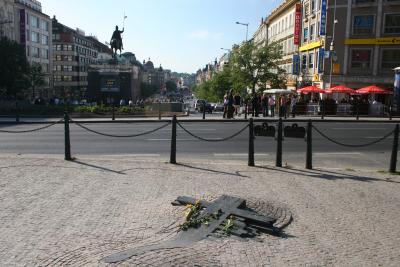Wenceslas Square: memorial to Jan Palach who set himself on fire to protest the Soviet occupation in 1969