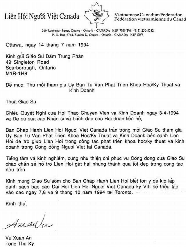 Lá thư của Liên Hội Người Việt Canada - Letter from the Vietnamese Canadian Federation