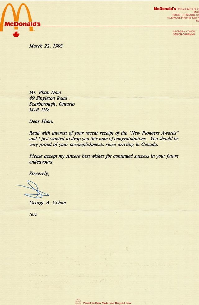 Lá thư của Chủ nhà hàng McDonalds - Letter of Cogratulations from Sr. Chairman of McDonalds