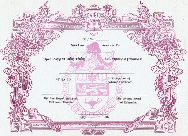 Bằng khen thưởng của Hội Phụ Huynh - Certificate issued by Toronto VNse Canadian  Parents Association (TVCPA)