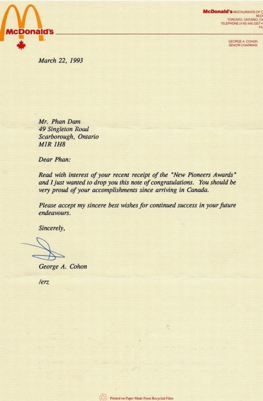 Lá thư của Chủ nhà hàng McDonalds - Letter of Cogratulations from Sr. Chairman of McDonalds