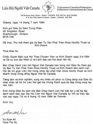 LÃ¡ thÆ° cá»§a LiÃªn Há»™i NgÆ°á»�i Viá»‡t Canada - Letter from the Vietnamese Canadian Federation