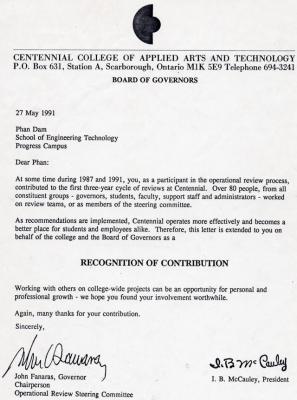 ThÆ° cá»§a Ban Chá»‰ Ã�áº¡o, Centennial College - Letter from the College's Board of Governors