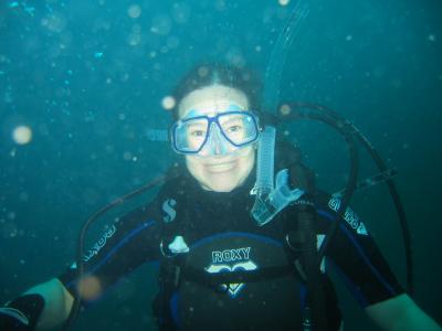 Alli diving a wreck - all smiles