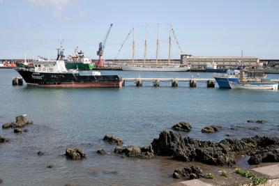 Oceanic Port with Creoula a Portuguese Navy training ship on the background - Ponta Delgada, S.Miguel