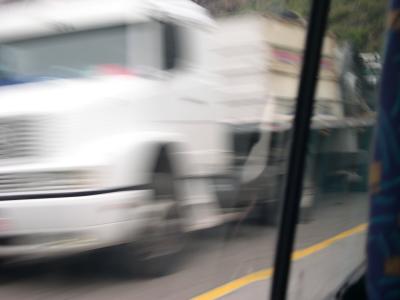 Trucks line the road waiting for the pass to Argentina to open after a snowstorm