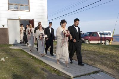 Attendants exiting Moosonee Pentecostal Church