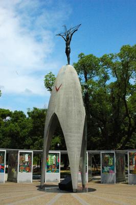 The Children's Peace Monument surrounded by paper cranes (read text on following picture)