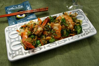 Asian-style prawns, with stir-fried cabbage and broccoli